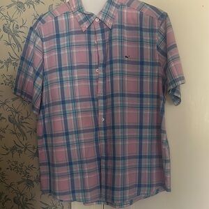 Vineyard Vines XL Whale Shirt Plaid Button-Down short sleeved cotton/linen Euc